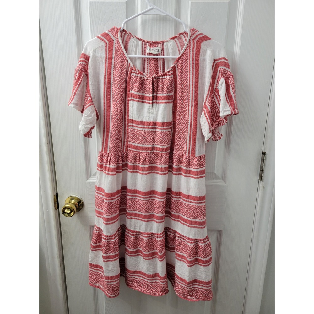Velvet by Graham & Spencer Red White Cotton Gauze Tiered Boho Mini Dress XS